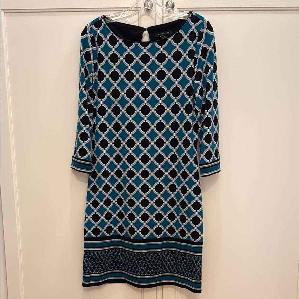 White House Black Market Blue and Black Sheath Dress with 3/4 Cuffed Sleeves